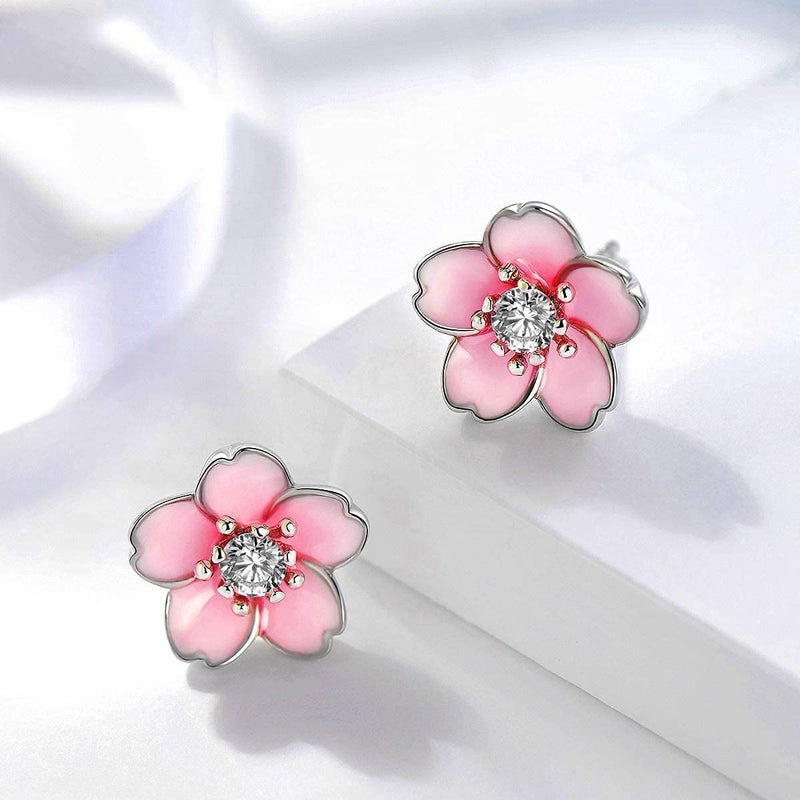 AllenCOCO Pink Flower Earrings for Women, 925 Sterling Silver Stud Earrings, Cute Plumeria Earrings For Women, Cherry Blossom - Image 1